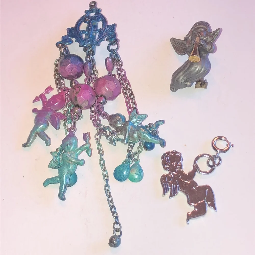 Angel Pins & Charm Colorful Boho Brooch Pewter Shoulder Pin Silver Tone Charm
